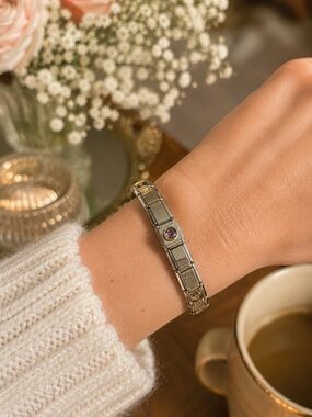 Y2K Original Vintage Stainless Italian Nomination Bracelet Charm Faux Amethyst